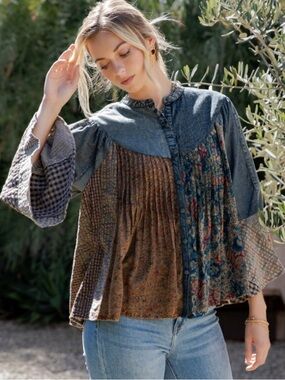 Boho Patchwork Pleated Blouse in Denim Blue and Earth Tones